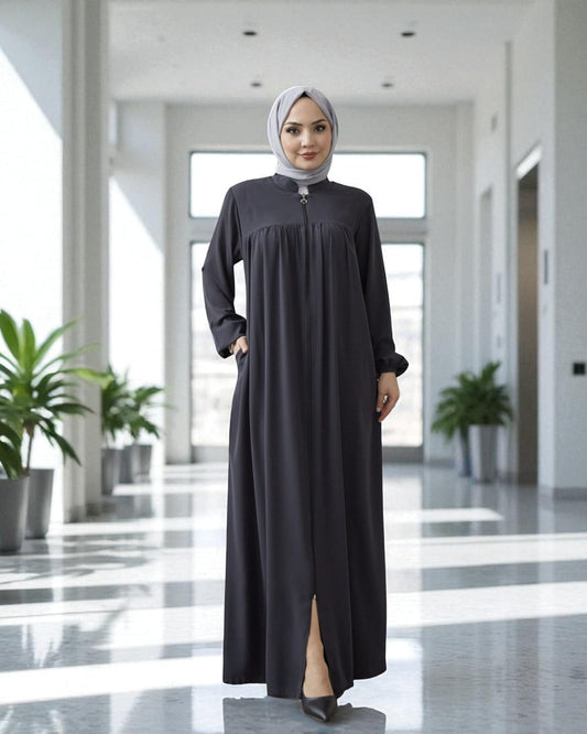 Fron Open Abaya With Full Zipper, gather on yoke, side pockets, elasticated sleeves, Complementary hijab