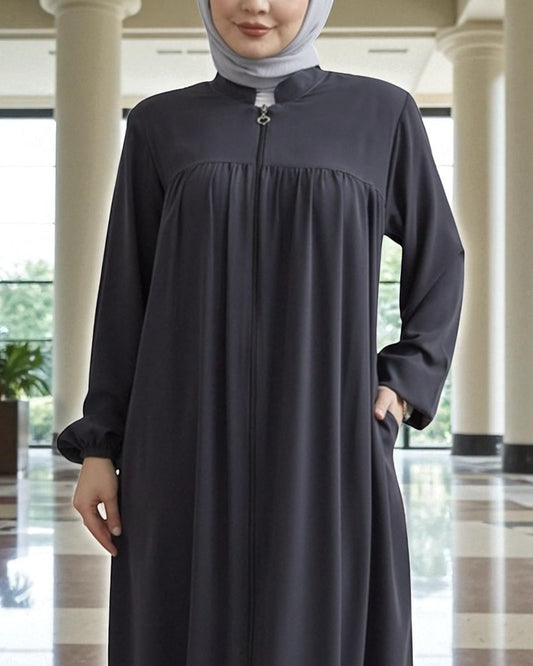 Fron Open Abaya With Full Zipper, gather on yoke, side pockets, elasticated sleeves, Complementary hijab