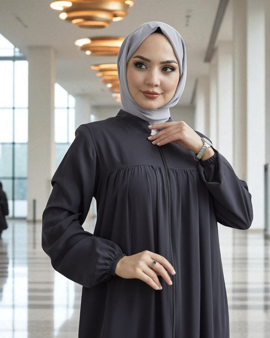 Fron Open Abaya With Full Zipper, gather on yoke, side pockets, elasticated sleeves, Complementary hijab