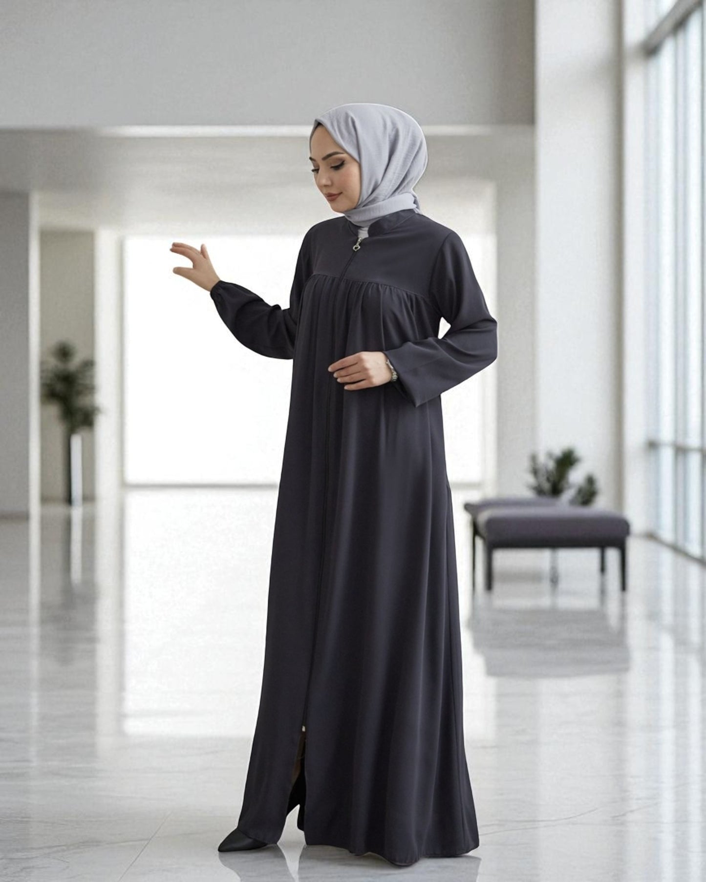 Fron Open Abaya With Full Zipper, gather on yoke, side pockets, elasticated sleeves, Complementary hijab