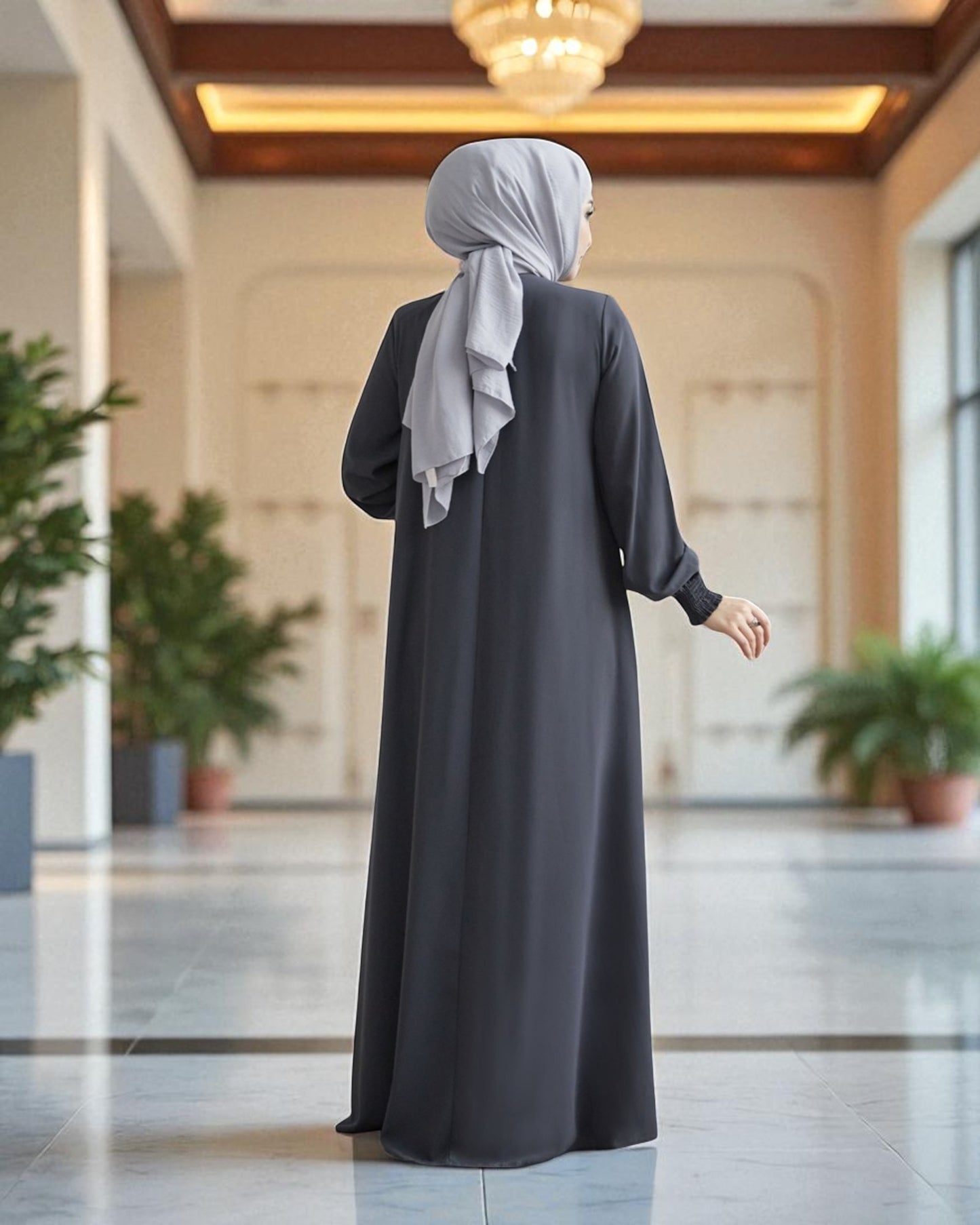 Fron Open Abaya With Full Zipper, gather on yoke, side pockets, elasticated sleeves, Complementary hijab