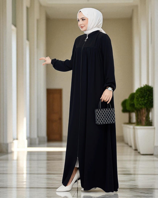 Fron Open Abaya With Full Zipper, gather on yoke, side pockets, elasticated sleeves, Complementary hijab