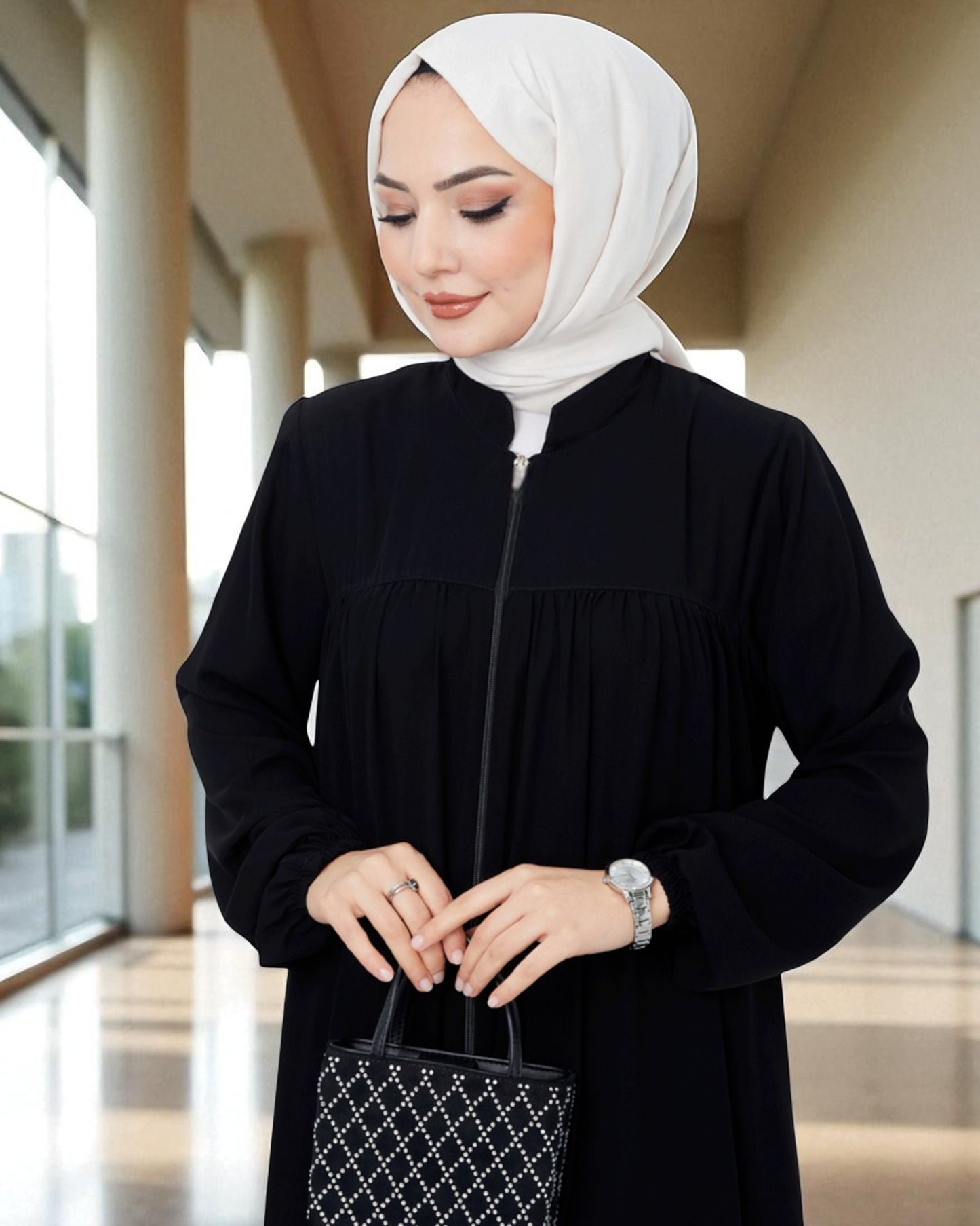 Fron Open Abaya With Full Zipper, gather on yoke, side pockets, elasticated sleeves, Complementary hijab