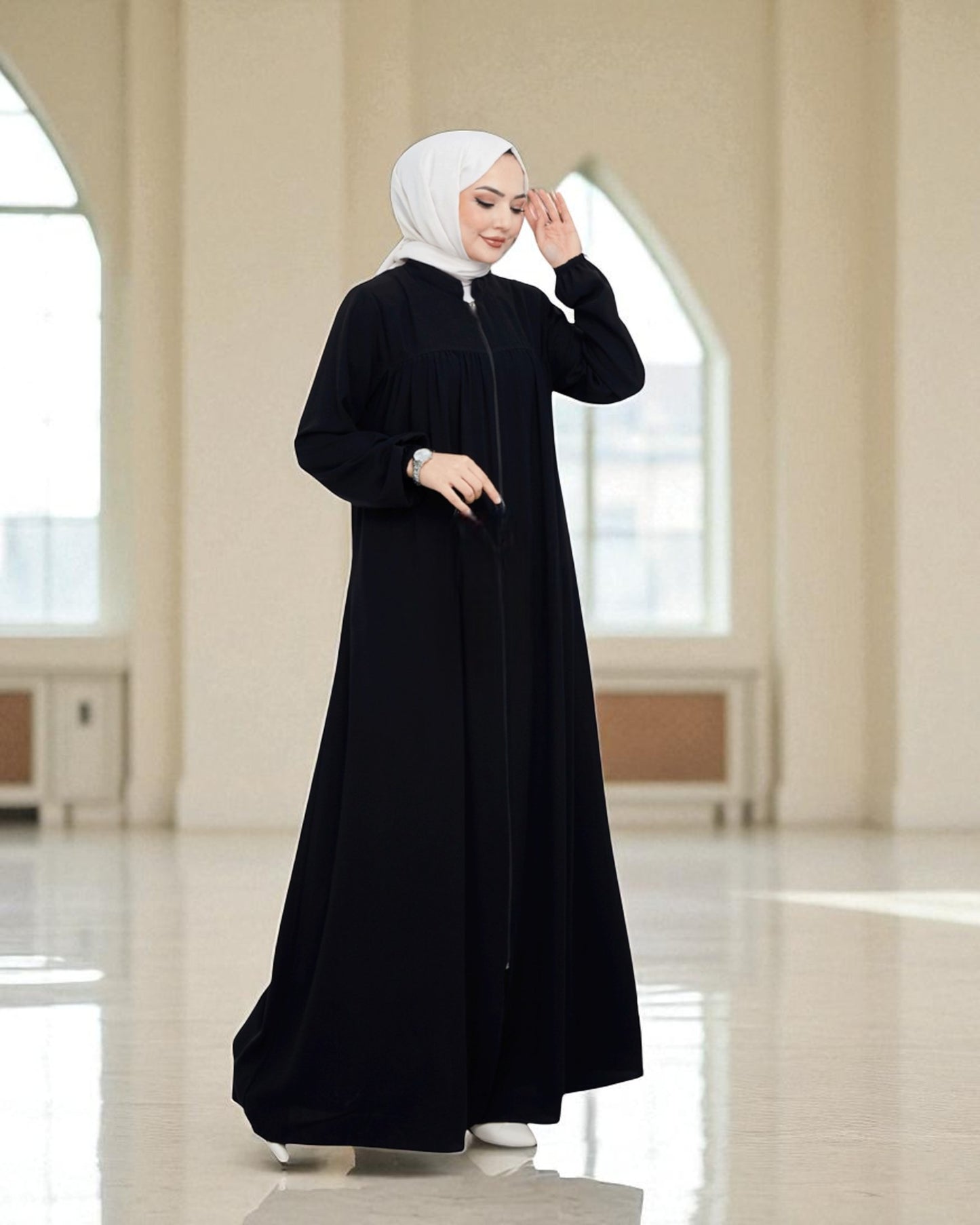 Fron Open Abaya With Full Zipper, gather on yoke, side pockets, elasticated sleeves, Complementary hijab