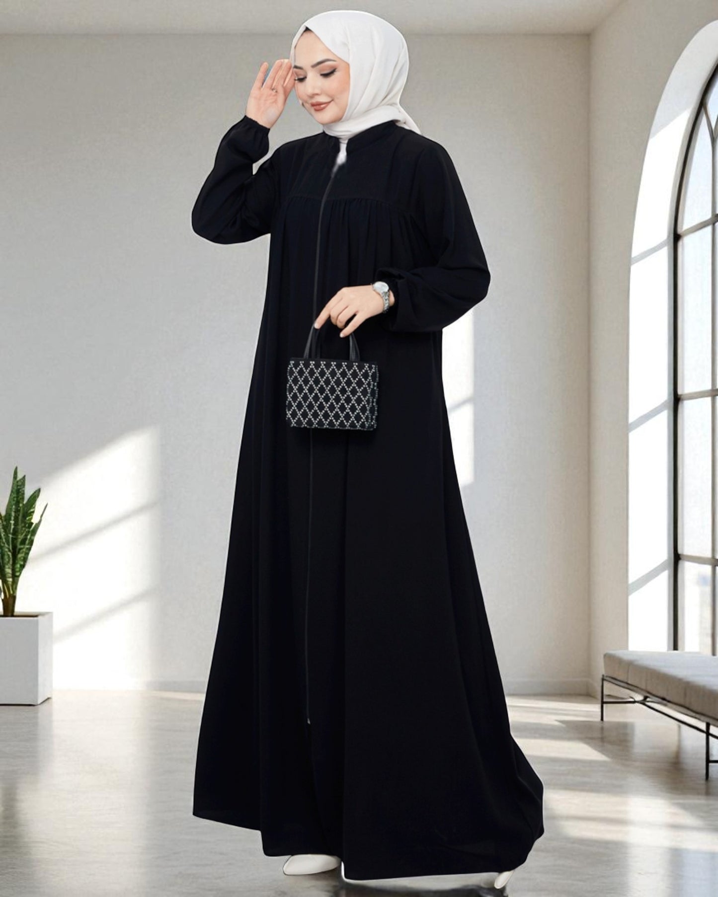 Fron Open Abaya With Full Zipper, gather on yoke, side pockets, elasticated sleeves, Complementary hijab