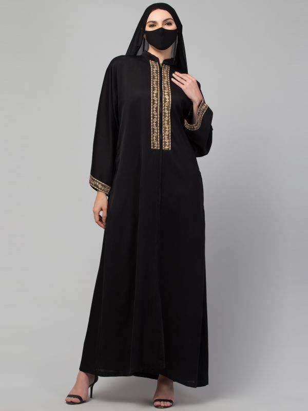 Lace Adorned Nida Satin Front Open Abaya with Matching Hijab